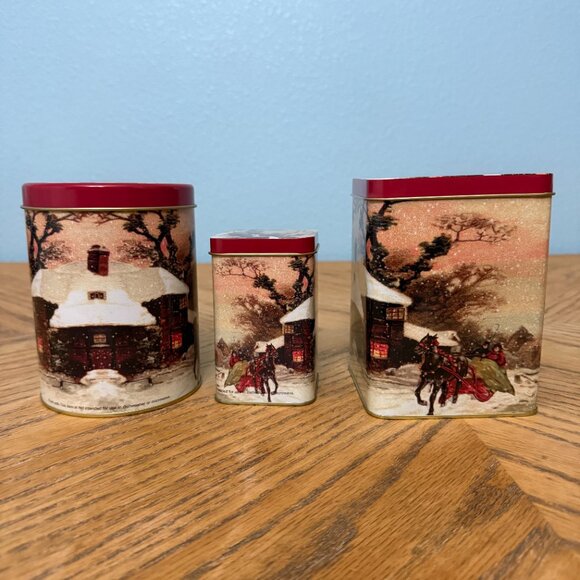 Set of 3 Vintage Metal Christmas Canisters Food Safe Holiday Storage Tins - Picture 2 of 13